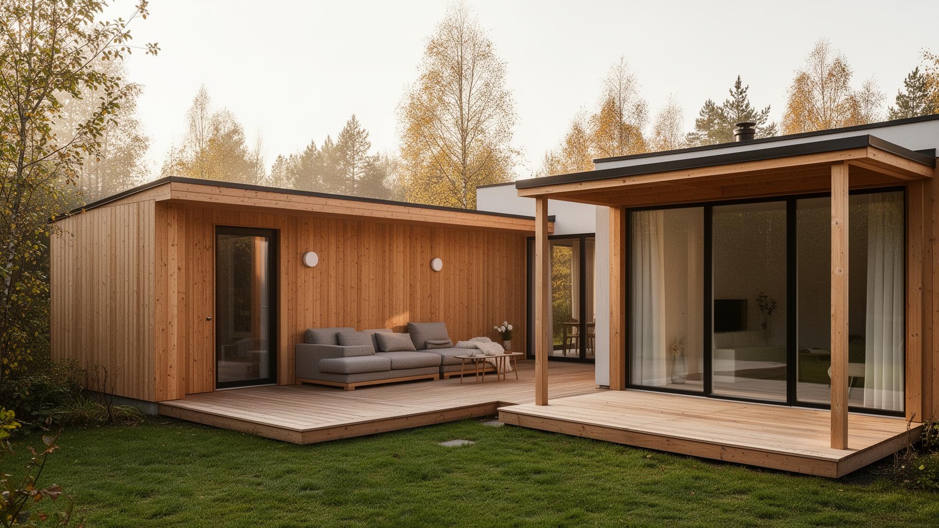 Modernt svenskt hus med komplementbyggnad, altan och uterum